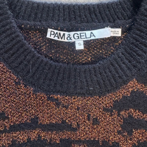 Pam & Gela Black and Brown Metallic Zebra Sweater, Size Small, Crew Neck - Picture 6 of 7